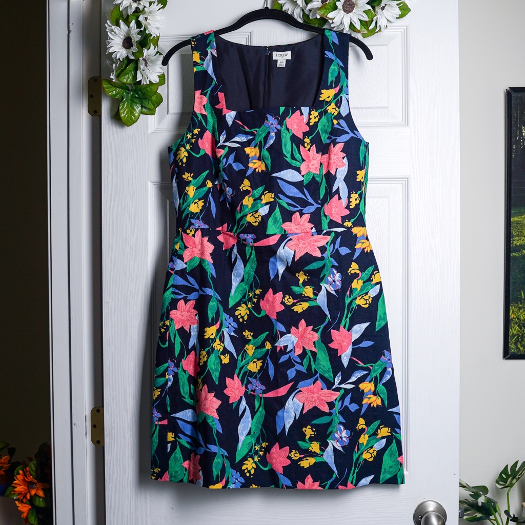 J. Crew Floral Cotton Dress A-Line Sleeveless Basketweave Square Neck
